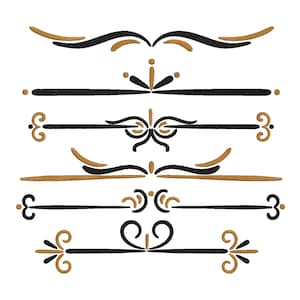 May include: A collection of six decorative design elements in black and gold. Each element features a horizontal line with ornate, symmetrical designs. The designs include swirls, curves, and floral-like motifs, all set against a white background.