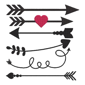May include: A collection of six black arrow designs with various decorative elements. One arrow features a red heart, while others have leaf, swirl, and beaded details. The arrows are arranged horizontally against a white background.