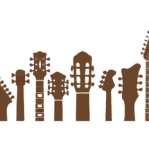 以下が含まれることがあります： 白背景に、さまざまなギターのヘッドストックの茶色のイラスト。アコースティックギターとエレキギターのスタイルを含む、さまざまな形とサイズのギターヘッドストックが並んでいます。