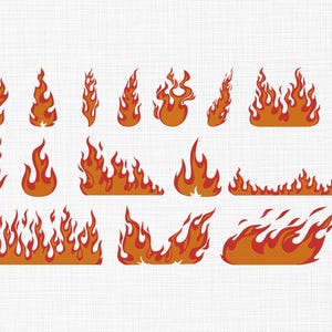 May include: A collection of stylized fire illustrations in shades of orange and red. The flames vary in shape and size, with some appearing as individual flames and others as larger, connected fire bursts. The designs are suitable for various graphic applications.