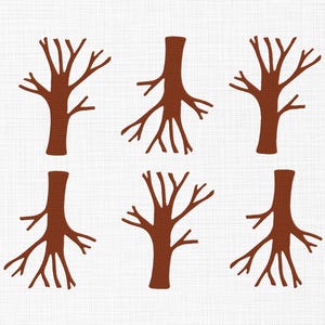 May include: Six brown tree silhouettes with branches are arranged on a white background. The trees have thick trunks and varying branch patterns. The image has a simple, graphic style, suitable for various design applications.