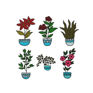 May include: An illustration of six potted plants with various flowers and foliage. The pots are blue with a white wave pattern. The plants include red poinsettias, burgundy flowers, and green leafy plants.