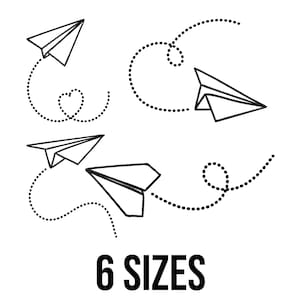 Può includere: Illustrazione in bianco e nero di sei aeroplanini di carta con traiettorie a puntini. Alcuni percorsi formano anelli e una forma di cuore. Il testo "6 SIZES" è in basso nell'immagine.