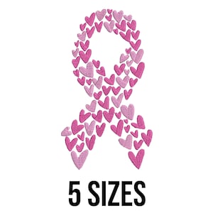 Peut inclure: Un motif de ruban rose composé de nombreux petits cœurs de différentes nuances de rose. Le texte "5 SIZES" est affiché en gras, en noir, sous l'image du ruban, sur fond blanc.