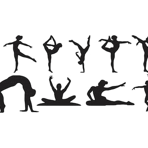 May include: A collection of black silhouette figures in various ballet and yoga poses. The figures are depicted in dynamic positions, including arabesques, handstands, and backbends, against a white background. The image showcases graceful movement and flexibility.