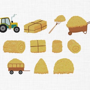 May include: A collection of illustrated farm elements, including a yellow and blue tractor, various hay bales, a pitchfork, a wheelbarrow filled with hay, and a hay wagon. The hay is depicted in shades of yellow and brown.