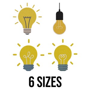 May include: Four yellow lightbulb designs with radiating lines, each with a different filament style. One bulb hangs from a black cord. The text "6 SIZES" is printed in black below the lightbulbs.