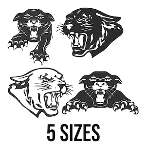 May include: Black and white panther illustrations in various poses, including a roaring head and a crouching stance with claws extended. The text "5 SIZES" is displayed below the illustrations.