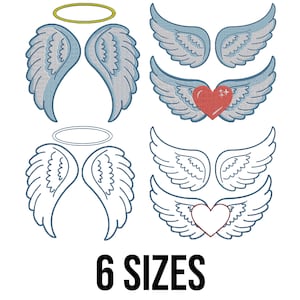 May include: Set of six angel wings and halo embroidery designs in various sizes. The designs feature blue and white wings with a halo and a heart.