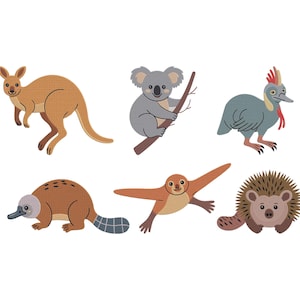 May include: A collection of six cartoon illustrations of Australian animals. Includes a kangaroo, koala on a branch, cassowary, platypus, sugar glider, and echidna. Each animal is depicted in a simple, colorful style against a white background.