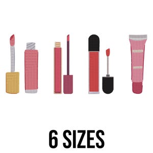 Pode incluir: Uma ilustração de seis designs diferentes de gloss labial em tons de rosa e vermelho. A imagem inclui um tubo, um tubo de pressão e aplicadores. O texto "6 SIZES" é exibido em letras pretas na parte inferior da imagem.