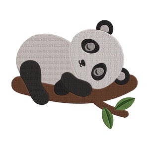May include: Embroidered panda bear design in gray, black, and brown. The panda is lying on a brown branch with green leaves. The panda has black eyes and ears, and is resting on a white background.
