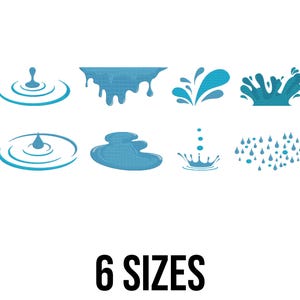 Könnte beinhalten: Eine Sammlung blauer Grafiken zum Thema Wasser, darunter Tropfen, Wellen, Spritzer und ein Regenmuster. Der Text "6 SIZES" wird in fetter, schwarzer Schrift am unteren Rand des Bildes angezeigt.
