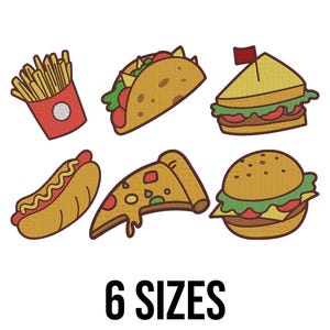 Fast Food Embroidery Design - French Fries, Burger, Sandwich, Hotdog, Pizza Slice and Taco Machine Embroidery Design Files - 6 Design Sizes