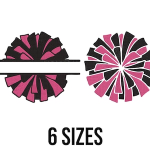 May include: Two cheerleading pom-pom designs in black and pink. One design is split with a horizontal space for text. The other is a full pom-pom. The text "6 SIZES" is below the designs.
