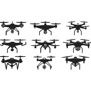 Può includere: Nove sagome nere di droni su sfondo bianco. Ogni drone ha quattro eliche e un corpo centrale, con variazioni nel design delle gambe e della fotocamera. I droni sono raffigurati in uno stile grafico semplice.