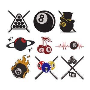 May include: A collection of nine black and white billiard-themed illustrations. The designs include a rack of billiard balls, an eight ball, a billiard ball with a top hat, a billiard ball with a planet, cherries, a billiard ball with a heartbeat, a billiard ball on fire, and crossed cues with billiard balls.