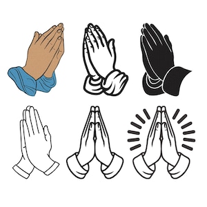 May include: Collection of six illustrations of hands in prayer. The images include a hand with tan skin and blue sleeves, black and white line drawings, and a solid black silhouette. Some images have radiating lines.