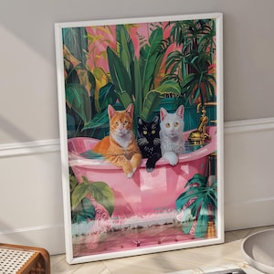 Funny Cats in Bathtub Print: Pink Bathroom Wall Art (Digital Download)