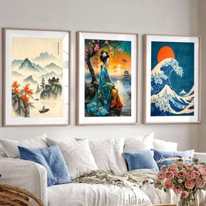 Asian Wall Art Set of 3 | Japanese - Chinese Digital Prints | Geisha, Nature & Great Wave Decor | Zen Aesthetic Printable Poster Set