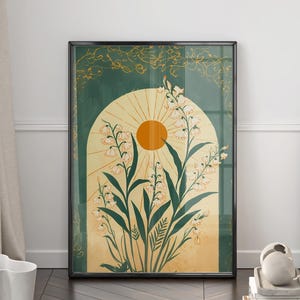 Affiche mystique vert émeraude - Illustration d'art populaire taureau, décor spirituel botanique fleuri - muguet - téléchargement numérique