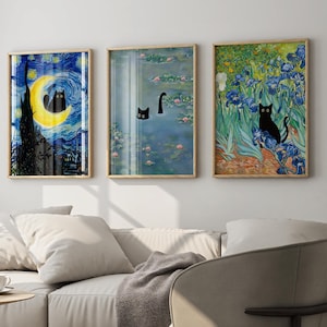 3er Set Schwarze Katzen Poster Inspiriert von Monet, Van Gogh, sternenklare Nacht – Lustiges Katzenbild, Wohndeko Geschenk für Katzenliebhaber, Digitaler Download