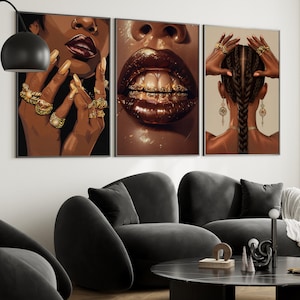 Set of 3 Black Woman Wall Art, Gold Minimalist Melanin Prints, Feminine Black Girl Art, Digital Download, Black Woman Grills