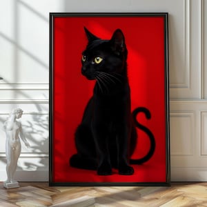 Black Cat Wall Art, Red Background Poster, Bold Aesthetic Printable, Moody Cat Decor, Edgy Home Print, Digital Download Wall Art