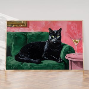 Impressão digital de gato preto com martini | Arte de parede peculiar e excêntrica | Decoração de coquetel para carrinho de bar | Arte divertida de gato | Download instantâneo