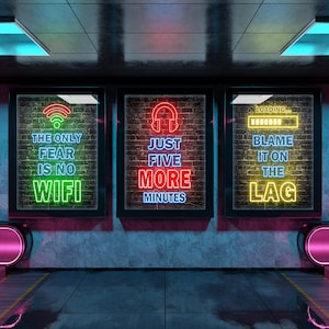 Neon Gaming Poster Set - Cool Gamer Wall Art for Teen Boys Bedroom Decor - Digital Download Printable Video Game Room Art - Instant Download