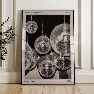 70s Disco Ball Wand Kunst, Funky Retro Poster, Vintage Schwarz-Weiß-Druck, Bar Barwagen Dekor, Groovy Ästhetische Kunst - Digital Download