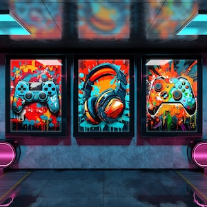 3-teiliges cooles Gaming-Wand-Kunst-Retro Videospiel-Aquarell-Poster, bunte Neon-Gamepad-Leinwand für Jungenzimmer, digitaler Download