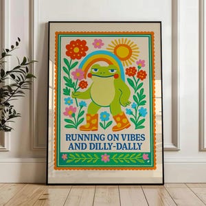 Funky Frog Poster - Retro Groovy Frog Wall Art - Cute Funny Frog Print with Boots & Flowers - Hippie Kids Room Decor - Digital Download