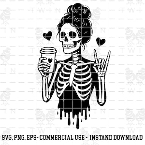May include: Black and white skeleton graphic with a bun hairstyle, holding a coffee cup with a heart and making a rock-and-roll hand gesture. Two hearts float near the skeleton. The image includes the text: SVG, PNG, EPS- COMMERCIAL USE - INSTAND DOWNLOAD.