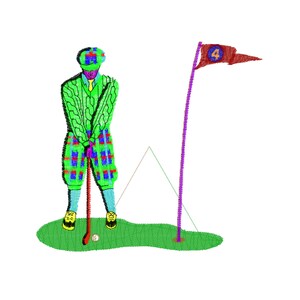 May include: A cartoon golfer wearing a green and blue plaid kilt, a green sweater, and a red and blue hat, swings a golf club on a green golf course. A red flag with a blue circle and the number 4 is in the background.