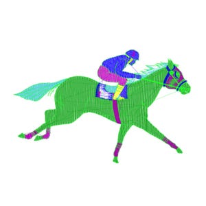 May include: A green horse with a blue and purple jockey riding it. The horse is running and its tail is flowing behind it.