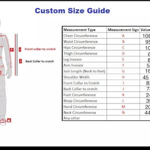 May include: A custom size guide for racing suits. The guide includes a diagram of a person with measurement points labeled A through N. A table lists measurement types, signs, and values in centimeters and inches. Measurements include chest, waist, hips, thigh, and arm.
