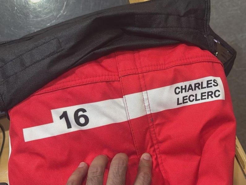 May include: Red racing suit detail with the number 16 and the name "CHARLES LECLERC" in white block letters. The suit has a white stripe and a black collar.