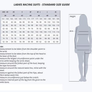 May include: A standard size guide for ladies' racing suits, featuring a chart with measurements in centimeters for height, chest, bust, waist, hips, thigh, inside leg, and arm. Includes a diagram illustrating measurement points.