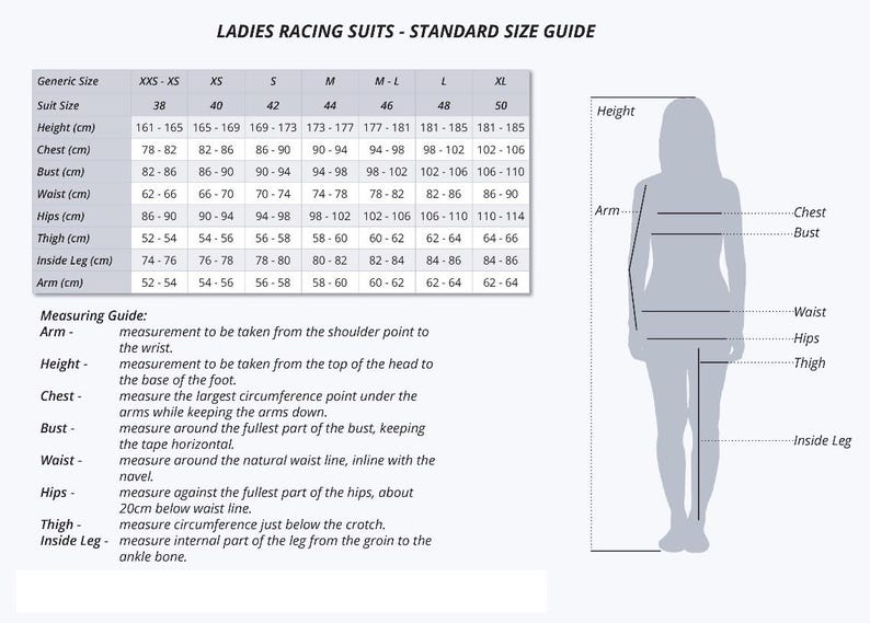 May include: A standard size guide for ladies' racing suits, featuring a chart with measurements in centimeters for height, chest, bust, waist, hips, thigh, inside leg, and arm. Includes a diagram illustrating measurement points.