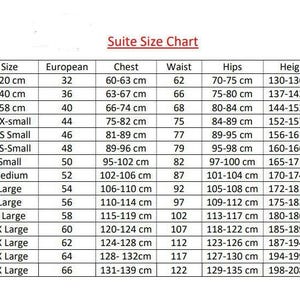 May include: A suite size chart with measurements in centimeters. The chart includes sizes from 120 cm to 139 cm, with corresponding European sizes, chest, waist, hips, and height measurements.