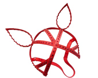 Red Fetish Bunny Mask with Rhinestones/ Burlesque Bunny Mask/ Burningman Mask / Easter Bunny Mask/ Valentine's Bunny Mask/ Halloween Mask