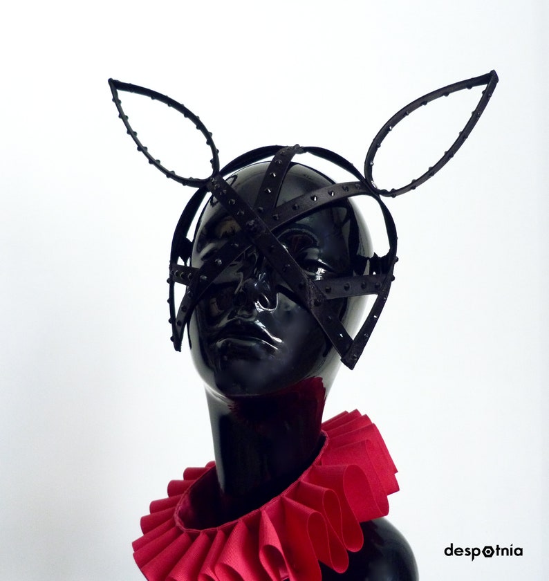 Black Fetish Bunny Mask with Rhinestones/ Burlesque Bunny Mask/ Burningman Mask / Easter Bunny Mask/ Alice In Wonderland Bunny Mask image 4