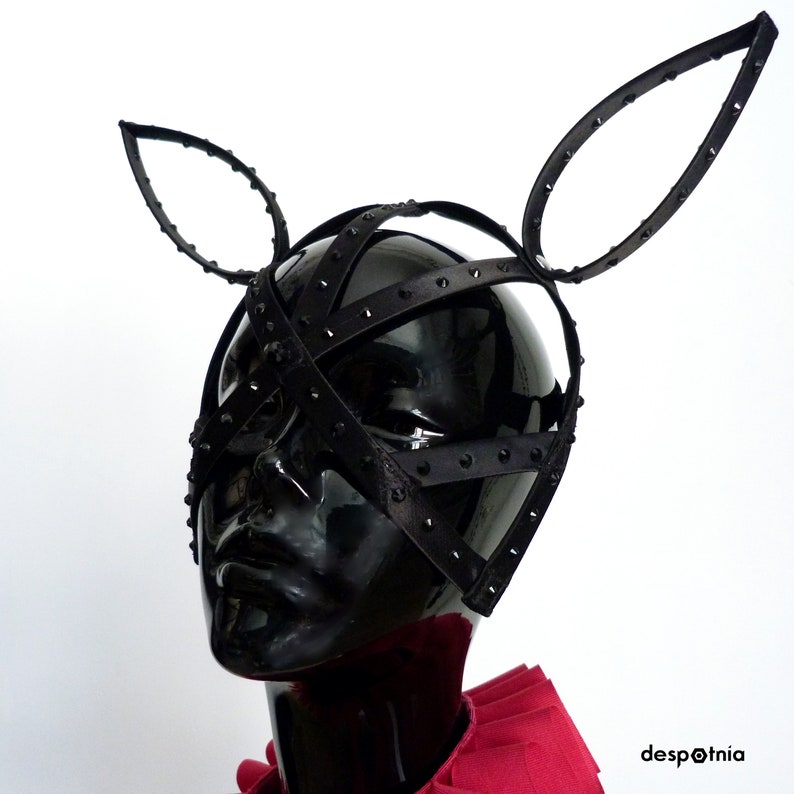 Black Fetish Bunny Mask with Rhinestones/ Burlesque Bunny Mask/ Burningman Mask / Easter Bunny Mask/ Alice In Wonderland Bunny Mask image 5