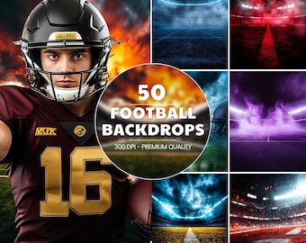 May include: A collage of 50 football stadium backdrops with different lighting and smoke effects. The backdrops are 300 DPI and premium quality.