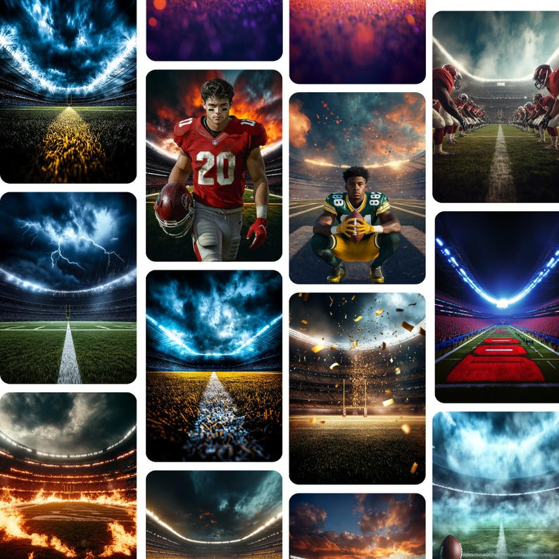 May include: A collage of 10 different images depicting various football pitches, including a night game with lightning, a stadium with a blue sky, and a pitch with a red and white goal line.