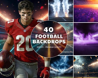 May include: 40 Football Backdrops, 300 DPI - Premium Quality. A collection of digital backgrounds featuring various football stadium scenes, including a night game with lightning, a stadium with smoke, and a field with confetti.