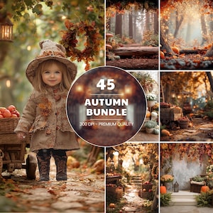 Puede incluir: Un collage de imágenes con temática otoñal, que incluye a un niño con ropa de otoño, calabazas y escenas de bosque. La imagen central presenta el texto "45 AUTUMN BUNDLE" y "300 DPI - PREMIUM QUALITY". La estética general es cálida y acogedora.