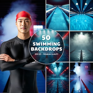 Op de afbeelding: Een collage van 50 zwembadachtergronden, met verschillende hoeken en lichteffecten. De achtergronden zijn 300 DPI en van premium kwaliteit. De afbeelding bevat ook een persoon die een zwart wetsuit en een rode badmuts draagt.