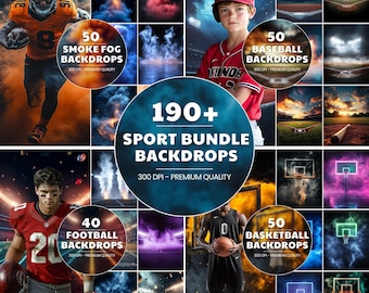 May include: A collage of 190+ sports themed digital backdrops for photographers. The backdrops include smoke, baseball fields, basketball courts, and football fields. The backdrops are 300 DPI and premium quality.